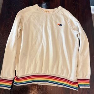 Aviator Nation Cream Sweater with Rainbow Stripes